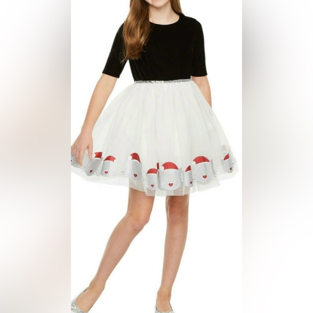 Zunie Girls Santa Cat Black Velour Tulle Holiday Dress Black/White & Hanger